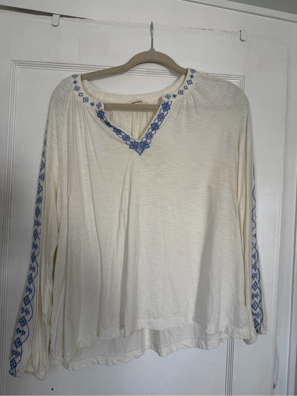 Lucky Brand Cream Long-Sleeve V-Neck Top with Blue Embroidery